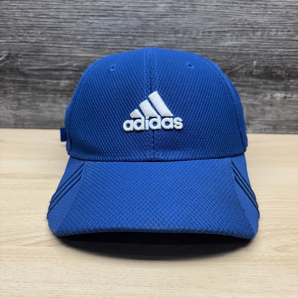 Adidas Hat Cap Strap Back Blue Mesh Athletic Golf Running Mens Three Stripes